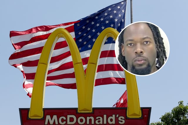 Main: A flag flies behind the golden arches of a McDonald&#39;s restaurant in La Vista, Neb., Friday, May 25, 2018. This is not the McDonalds where Louis was arrested. Inset: Chris Louis, as pictured on a GoFundMe for him and his family.