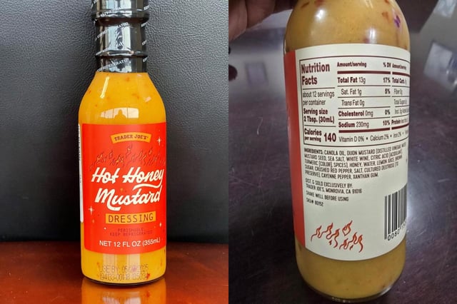 A bottle of Trader Joe’s Hot Honey Mustard Dressing, recalled by Fresh Creative Foods on March 30.