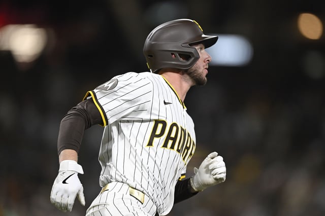 Apr 1, 2025; San Diego, California, USA; San Diego Padres center fielder Jackson Merrill (3) rounds the bases after hitting a solo home run during the fourth inning against the Cleveland Guardians at Petco Park. Mandatory Credit: Denis Poroy-Imagn Images
