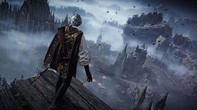 A character overlooking a foggy gothic town in The Duskbloods.