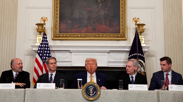 U.S. President Donald Trump speaks as Crypto czar David Sacks, U.S. Treasury Secretary Scott Bessent, U.S. Commerce Secretary Howard Lutnick, and Executive Director of the Presidential Council of Advisers for Digital Assets Bo Hines attend the White House Crypto Summit at the White House in Washington, D.C., U.S.,  March 7, 2025.