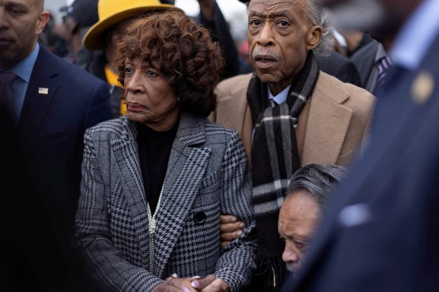 U.S. Congresswoman Maxine Waters (D-CA), Civil Rights leaders Al Sharpton and Jesse Jackson hold each other as they listen to speakers on the Edmund Pettus Bridge during a commemoration the 60th anniversary of "Bloody Sunday" in Selma, Alabama, U.S., March 9, 2025. REUTERS/Alyssa Pointer