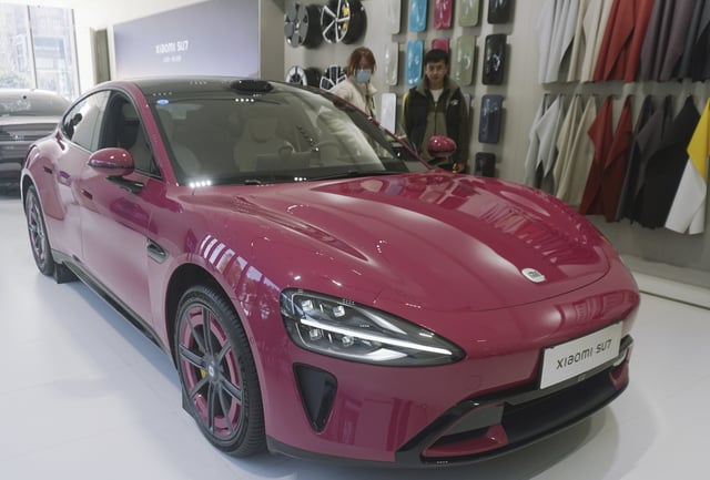 A Xiaomi SU7 electric car in Hangzhou in east China&#39;s Zhejiang province Wednesday, March 19, 2025. This is not the vehicle which crashed on March 29.