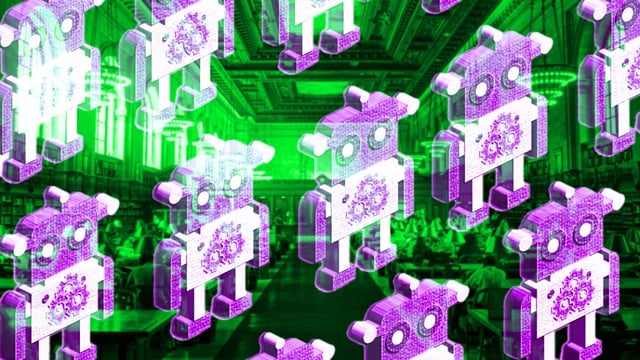 Purple cartoon robots superimposed over a green library photo.
