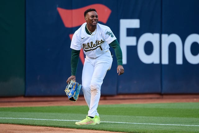 May 4, 2024; Oakland, California, USA; Oakland Athletics outfielder Esteury Ruiz (1) reacts with an injury after diving to catch a fly ball against the Miami Marlins during the sixth inning at Oakland-Alameda County Coliseum. Mandatory Credit: Robert Edwards-USA TODAY Sports/File Photo
