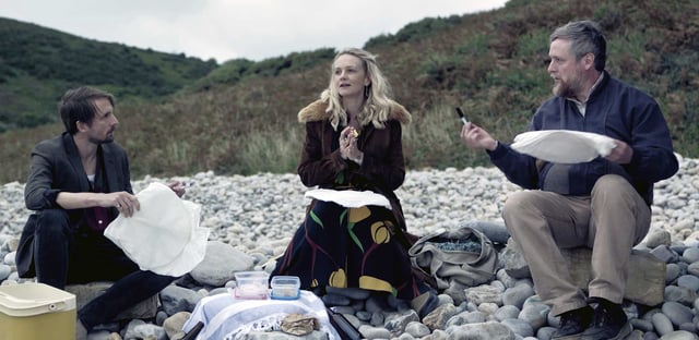 Tom Basden, from left, Carey Mulligan and Tim Key in “The Ballad of Wallis Island.”