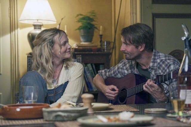 Carey Mulligan, from left, and Tom Basden share a scene in “The Ballad of Wallis Island.”