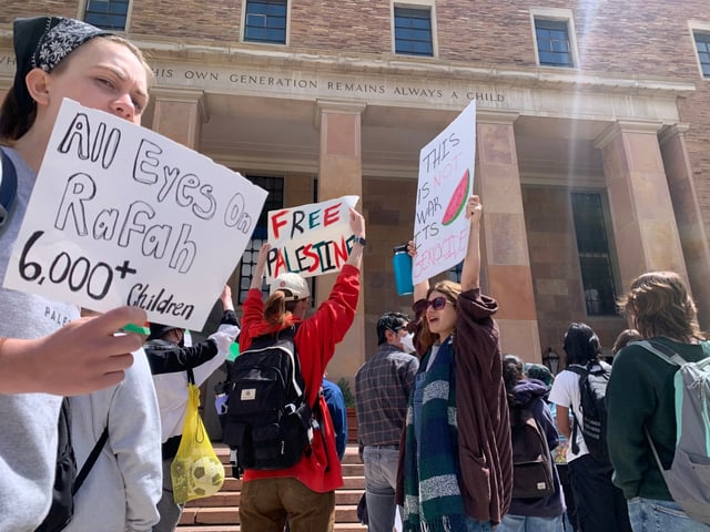 Pro-Palestinian protesters marched through CU Boulder&#39;s campus before stopping in front of Norlin Library on Wednesday, May 1, 2024. (Photo by Nicky Andrews/Daily Camera)