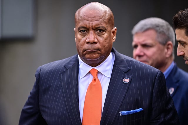 Nov 17, 2024; Chicago, Illinois, USA; Chicago Bears president Kevin Warren looks on against the Green Bay Packers during the second quarter at Soldier Field. Mandatory Credit: Daniel Bartel-Imagn Images/File Photo