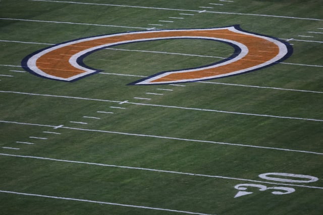 Dec 26, 2024; Chicago, Illinois, USA; The Chicago Bears logo is seen at midfield prior to a game between the Chicago Bears and Seattle Seahawks at Soldier Field. Mandatory Credit: Talia Sprague-Imagn Images/File Photo