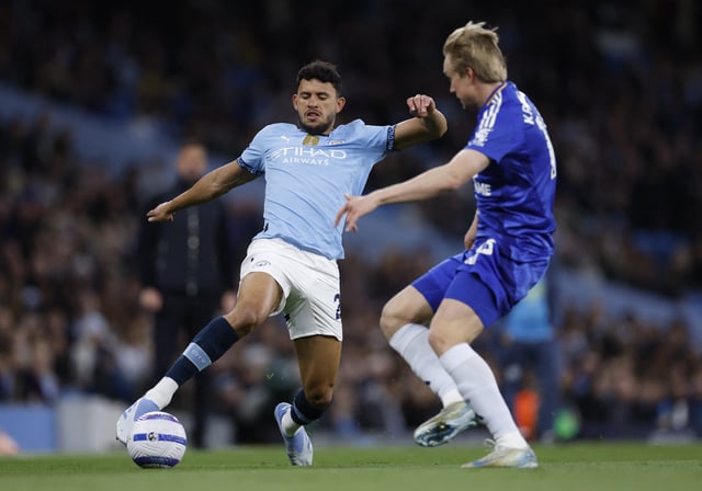 Soccer Football - Premier League - Manchester City v Leicester City - Etihad Stadium, Manchester, Britain - April 2, 2025 Manchester City's Matheus Nunes in action with Leicester City's Victor Kristiansen Action Images via Reuters/Jason Cairnduff EDITORIAL USE ONLY. NO USE WITH UNAUTHORIZED AUDIO, VIDEO, DATA, FIXTURE LISTS, CLUB/LEAGUE LOGOS OR 'LIVE' SERVICES. ONLINE IN-MATCH USE LIMITED TO 120 IMAGES, NO VIDEO EMULATION. NO USE IN BETTING, GAMES OR SINGLE CLUB/LEAGUE/PLAYER PUBLICATIONS. PLEASE CONTACT YOUR ACCOUNT REPRESENTATIVE FOR FURTHER DETAILS..