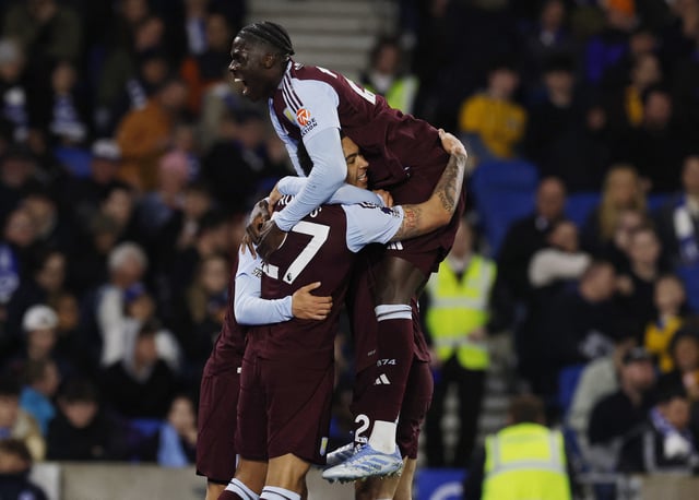 Soccer Football - Premier League - Brighton & Hove Albion v Aston Villa - The American Express Community Stadium, Brighton, Britain - April 2, 2025 Aston Villa's Marco Asensio celebrates scoring their second goal with Morgan Rogers and Amadou Onana Action Images via Reuters/Andrew Couldridge EDITORIAL USE ONLY. NO USE WITH UNAUTHORIZED AUDIO, VIDEO, DATA, FIXTURE LISTS, CLUB/LEAGUE LOGOS OR 'LIVE' SERVICES. ONLINE IN-MATCH USE LIMITED TO 120 IMAGES, NO VIDEO EMULATION. NO USE IN BETTING, GAMES OR SINGLE CLUB/LEAGUE/PLAYER PUBLICATIONS. PLEASE CONTACT YOUR ACCOUNT REPRESENTATIVE FOR FURTHER DETAILS..