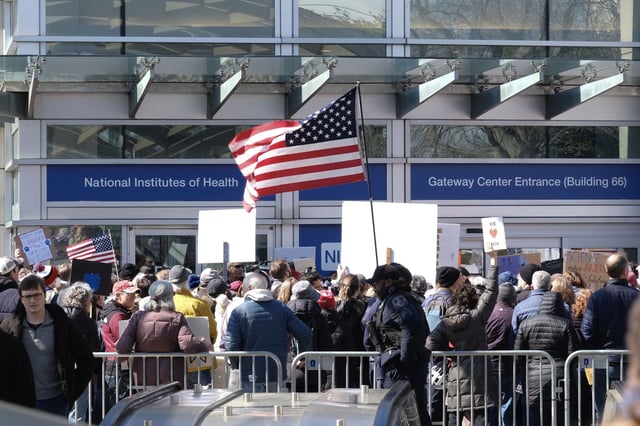 Demonstrators protest funding cuts outside of the National Institutes of Health (NIH) in Bethesda, Maryland, on March 8, 2025. (Photo by Michael Mathes / AFP) (Photo by MICHAEL MATHES/AFP via Getty Images)          