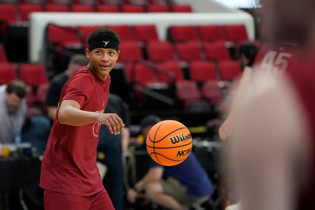 Mar 20, 2025; Raleigh, NC, USA; Oklahoma Sooners guard Jeremiah Fears (0) with the ball during practice at Lenovo Center. Mandatory Credit: Bob Donnan-Imagn Images/File Photo