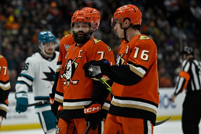 Ducks defenseman Radko Gudas talks with center Ryan Strome, right, ina game against the San Jose Sharks during the second period Tuesday, April 1, 2025, at Honda Center. (AP Photo/Alex Gallardo)