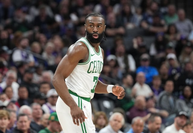 Jaylen Brown #7 of the Boston Celtics reacts after shooting a three-point shot against the Sacramento Kings during the second half of an NBA basketball game at Golden 1 Center on March 24, 2025 in Sacramento, California.