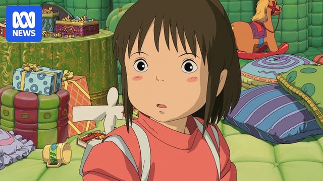 A still from a Studio Ghibli animated film showing a young girl in traditional Japanese dress.