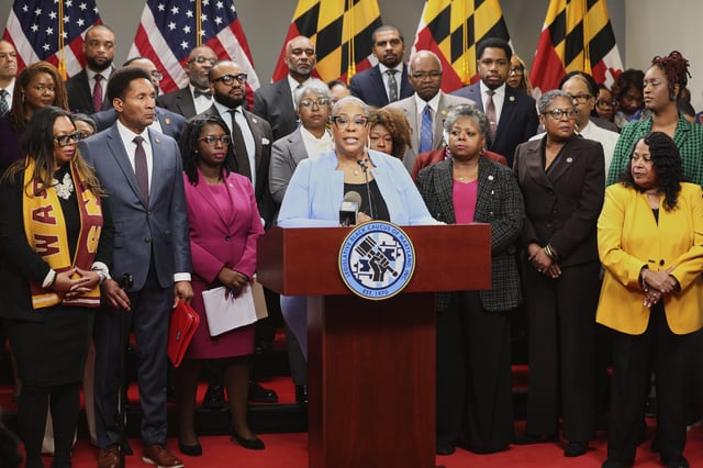Maryland Del. Aletheia McCaskill, a Democrat, speaks about a bill to create a state commission to study potential reparations for slavery during a news conference with members of the Legislative Black Caucus of Maryland, Jan. 16, 2025, in Annapolis, Md. (AP Photo/Brian Witte)
