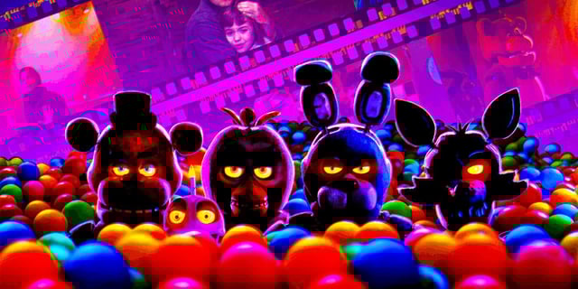 Freddy, Cupcake, Chica, Bonnie, and Foxy sit in a ballpit in the film Five Nights at Freddy's - 2023.