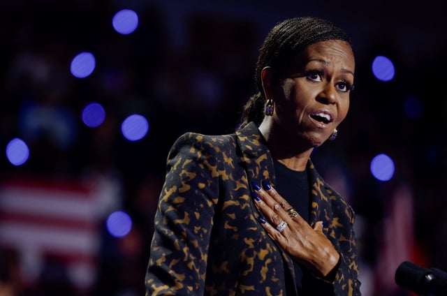 Former U.S. first lady Michelle Obama speaks during a campaign event for Democratic presidential nominee U.S. Vice President Kamala Harris at Wings Event Center in Kalamazoo, Michigan, October 26, 2024.