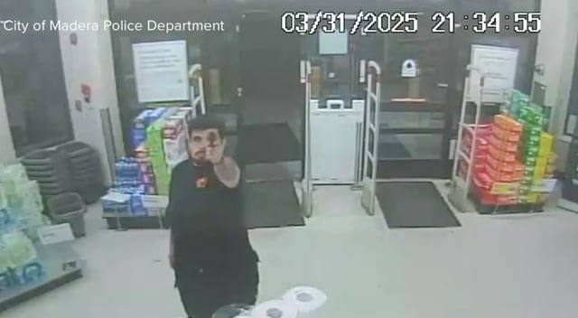 Surveillance footage released by the Madera Police Department shows the suspect inside a Walgreens in Madera where an employee was killed. 