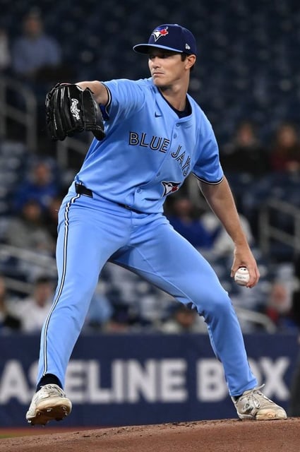 Toronto Blue Jays starting pitcher Easton Lucas (62) throws to a Washington Nationals batter in first inning MLB baseball action in Toronto, Wednesday, April 2, 2025. THE CANADIAN PRESS/Jon Blacker