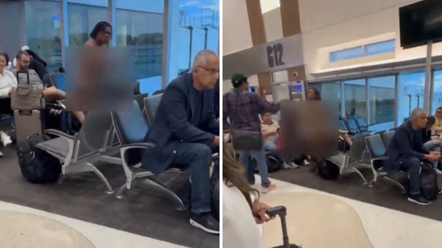 A woman started taking off her clothes while waiting at an airport. 