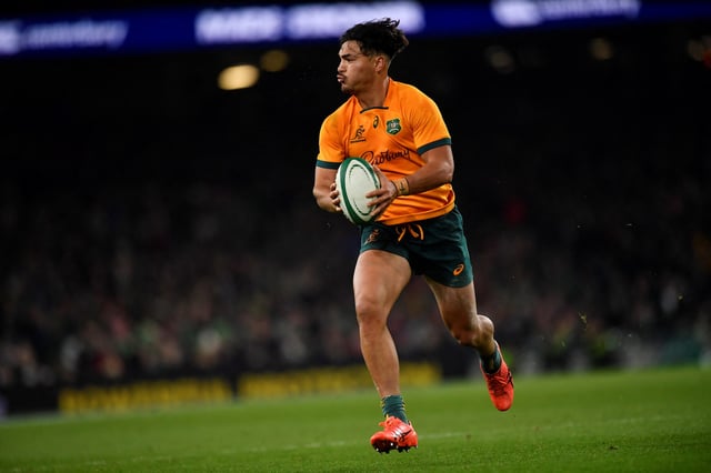 Rugby Union - International - Ireland v Australia - Aviva Stadium, Dublin, Ireland - November 19, 2022 Australia's Jordan Petaia runs through before scoring their first try REUTERS/Clodagh Kilcoyne/File Photo
