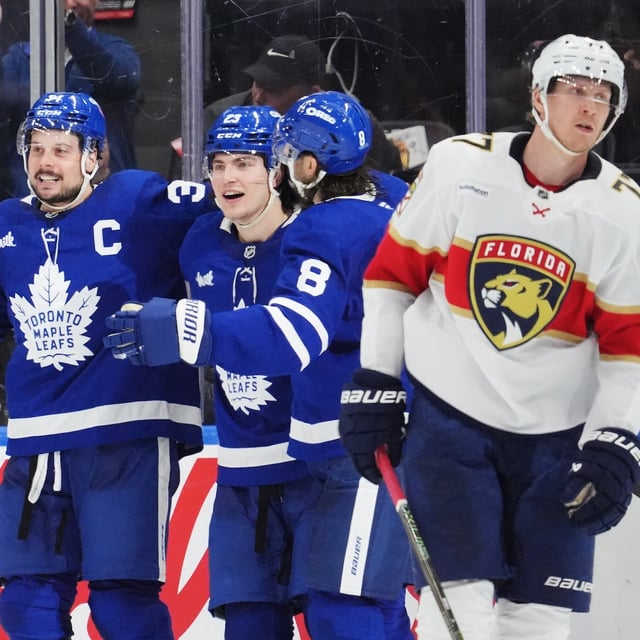 Toronto Maple Leafs' Matthew Knies celebrates his goal with Auston Matthews and Chris Tanev during third period NHL action in Toronto on Wednesday, April 2, 2025.