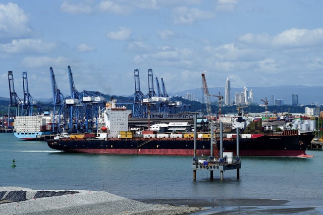 A ship sails near the Balboa Port after Hong Kong's CK Hutchison Holdings Ltd agreed to sell its interests in a key Panama Canal port operator to a BlackRock Inc-backed consortium, amid pressure from U.S. President Donald Trump to curb China's influence in the region, Panama City, Panama, March 4, 2025. REUTERS/Enea Lebrun/File Photo
