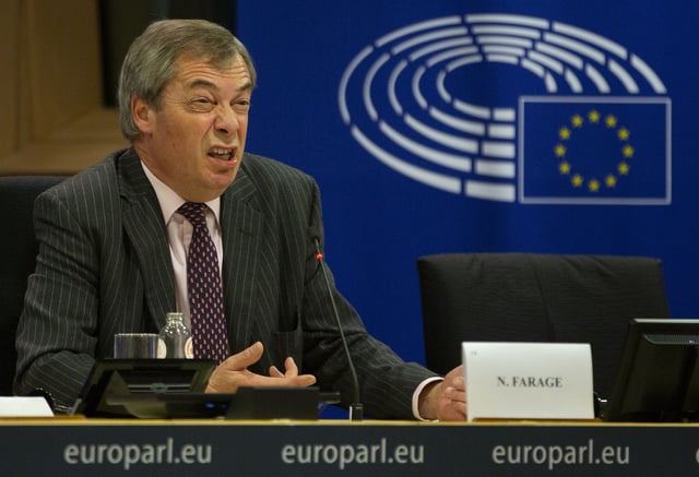 FILE -Brexit Party leader Nigel Farage speaks during a media conference at the European Parliament in Brussels, Wednesday, Jan. 29, 2020. (AP Photo/Virginia Mayo, File)