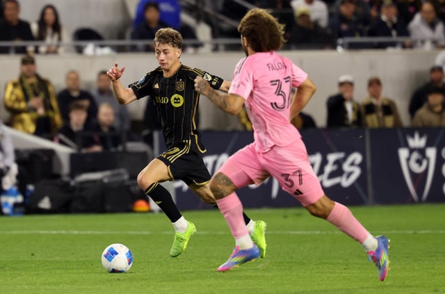 Apr 2, 2025; Los Angeles, California, USA;  LAFC forward Nathan Ordaz (27) dribbles against Inter Miami CF defender Maximiliano Falcon (37) during the second half of a Concacaf Champions Cup Quarterfinal match at BMO Stadium. Mandatory Credit: Kiyoshi Mio-Imagn Images/File Photo