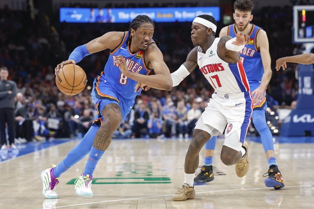 Apr 2, 2025; Oklahoma City, Oklahoma, USA; Oklahoma City Thunder forward Jalen Williams (8) drives to the basket as Detroit Pistons guard Dennis Schroder (17) defends during the second half at Paycom Center. Mandatory Credit: Alonzo Adams-Imagn Images