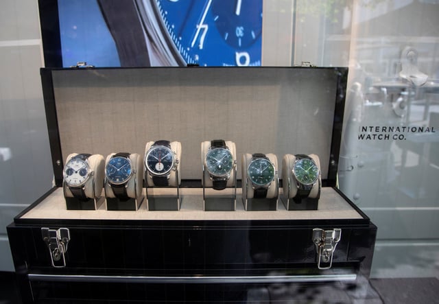 Watches of Swiss watch manufacturer IWC Schaffhausen, owned by luxury group Richemont are displayed at the company's store at the Bahnhofstrasse shopping street in Zurich, Switzerland August 8, 2022. REUTERS/Arnd WiegmannFile Photo