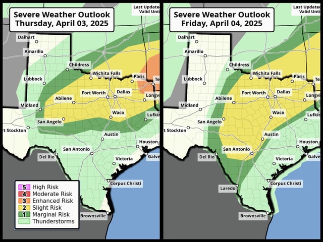 Shown are the severe storm outlooks for overnight Thursday, left, as well as overnight Friday into Saturday from the National Weather Service’s Storm Prediction Center.