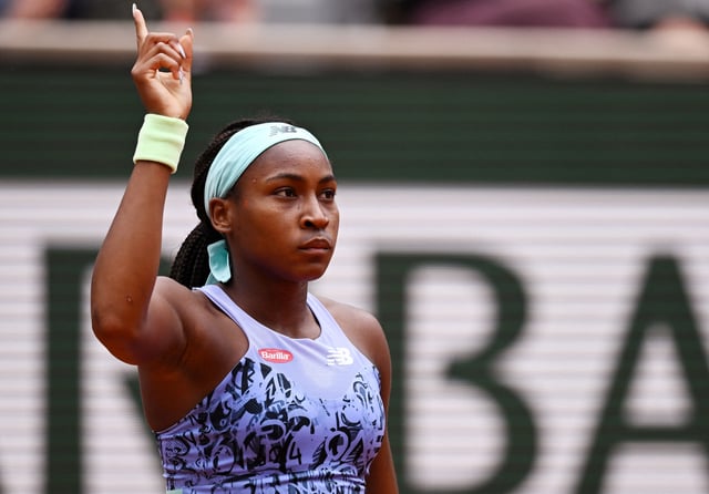 Tennis - French Open - Roland Garros, Paris, France - May 29, 2022 Coco Gauff of the U.S. during her fourth round match against Belgium's Elise Mertens