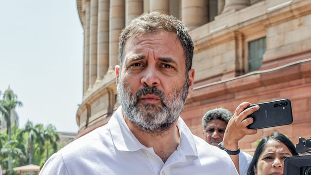 Lok Sabha LoP and Congress MP Rahul Gandhi at Parliament premises in New Delhi on Wednesday.