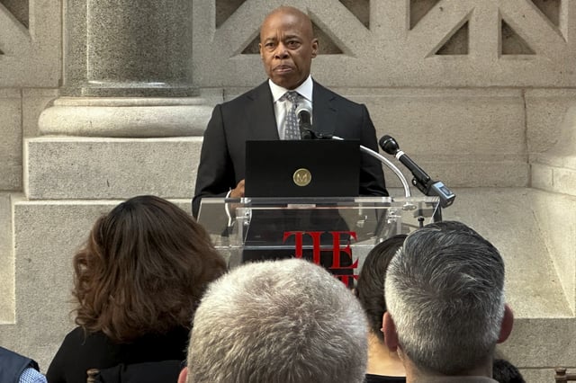 New York mayor Eric Adams speaks at the Metropolitan Museum of Art during a task force meeting addressing retail theft, Wednesday, April 2, 2025, in New York. (AP Photo/Joseph Frederick)