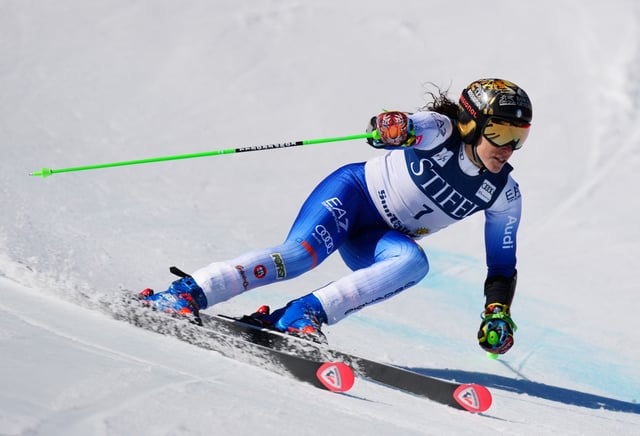 Mar 25, 2025; Sun Valley, ID, USA; Federica Brignone of Italy in the second run of the women's giant slalom alpine skiing race in the 2025 FIS Ski World Cup at Sun Valley. Mandatory Credit: Christopher Creveling-Imagn Images/File Photo