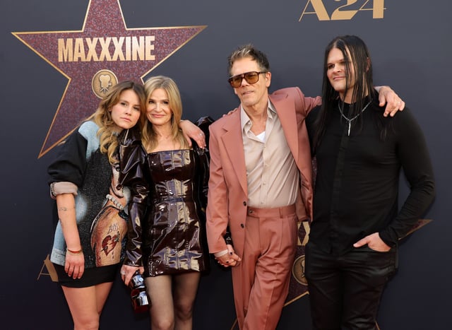 Sosie Bacon (far left), Kyra Sedgwick, Kevin Bacon and Travis Bacon, seen here attending the 2024 premiere of "MaXXXine," have been working on a family horror movie since the pandemic.