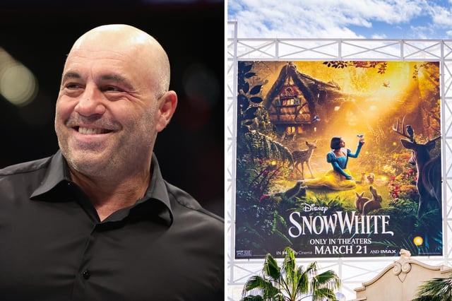 Joe Rogan during UFC 274 at Footprint Center on May 07, 2022 in Phoenix, Arizona, General view of a billboard promoting the new Disney film &#39;Snow White&#39; with Rachel Zegler above the El Capitan Entertainment Centre on March 20, 2025 in Hollywood, California.