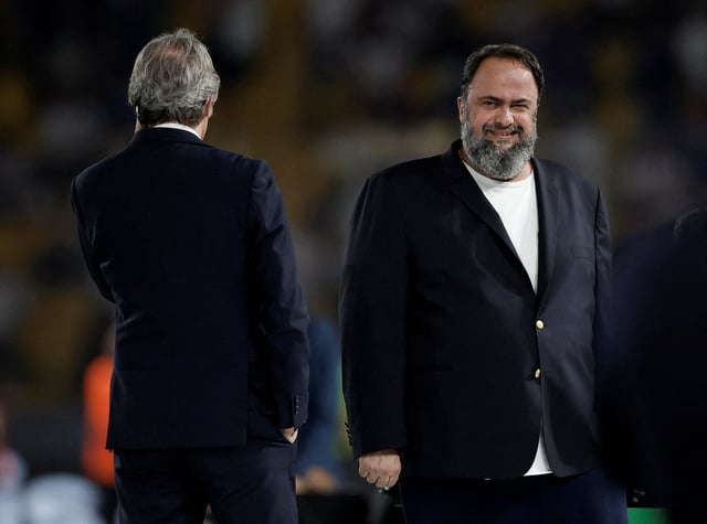 Soccer Football - Europa Conference League - Final - Olympiacos v Fiorentina - Agia Sophia Stadium, Athens, Greece - May 30, 2024 Olympiacos owner Evangelos Marinakis celebrates after winning the Europa Conference League final REUTERS/Alkis Konstantinidis/File Photo