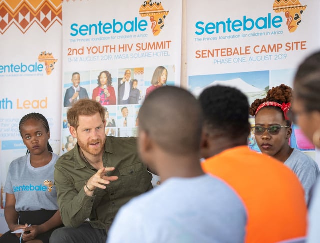 The Duke of Sussex joins in a confidence building exercise with young people at the Kasane Health Post, run by the Sentebale charity, in Kasane, Botswana, September 26, 2019. Dominic Lipinski/Pool via REUTERS/File Photo