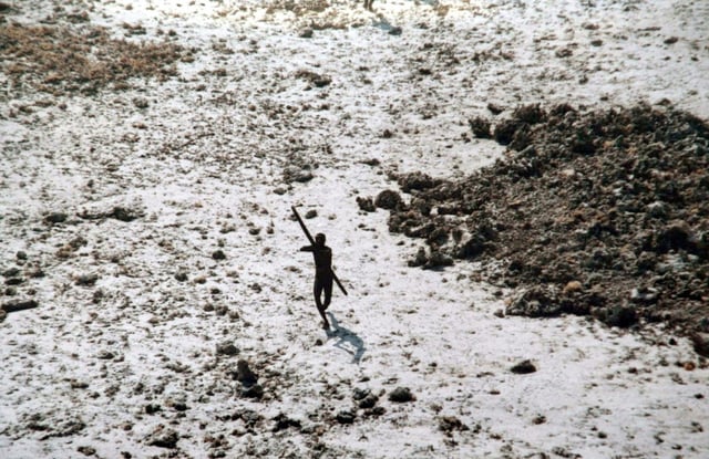 A photograph issued by the Indian Coast Guard and Survival International in 2004 showed Sentinelese man aiming a bow and arrow at a helicopter