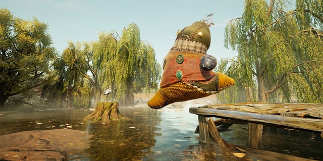 Crouton, a small straw sack puppet, leaping over a swamp.