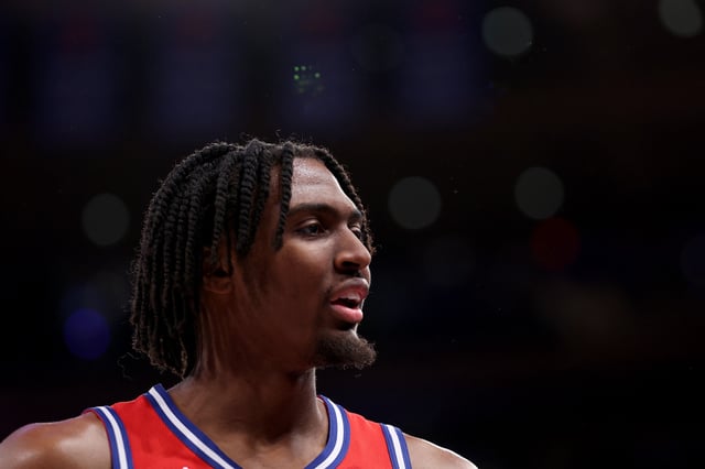 Tyrese Maxey #0 of the Philadelphia 76ers reacts during the second half against the New York Knicks in game one of the Eastern Conference First Round Playoffs at Madison Square Garden on April 20, 2024 in New York City. The New York Knicks defeated the Philadelphia 76ers 111-104. Maxey is listed as questionable for Game 2.