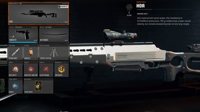 BO6 HDR loadout - A class setup for the sniper in the customisation screen, showing the sidearm, perks, and equipment used.
