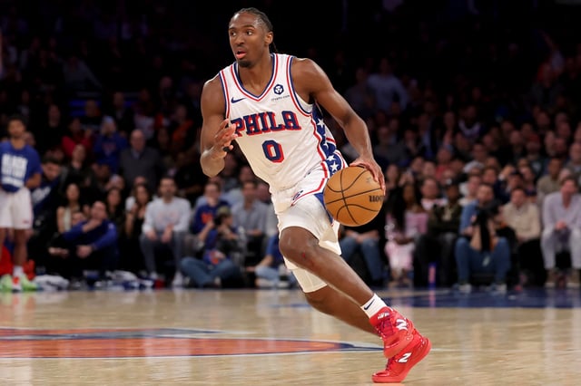 Feb 26, 2025; New York, New York, USA; Philadelphia 76ers guard Tyrese Maxey (0) brings the ball up court against the New York Knicks during the fourth quarter at Madison Square Garden. Mandatory Credit: Brad Penner-Imagn Images/File Photo