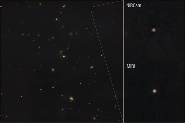 This image shows Webb’s recent observation of the asteroid 2024 YR4 using both its NIRCam (Near-Infrared Camera) and MIRI (Mid-Infrared Instrument). Data from NIRCam shows reflected light, while the MIRI observations show thermal light.