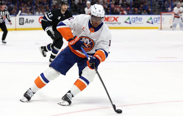 Mar 29, 2025; Tampa, Florida, USA; New York Islanders left wing Anthony Duclair (11) skates with the puck against the Tampa Bay Lightning during the first period at Amalie Arena. Mandatory Credit: Kim Klement Neitzel-Imagn Images/File Photo